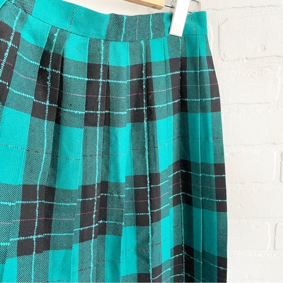 Vintage Pure Wool Emerald green Pink Plaid Midi Skirt Metallic Threading Sz 8 - Picture 3 of 13